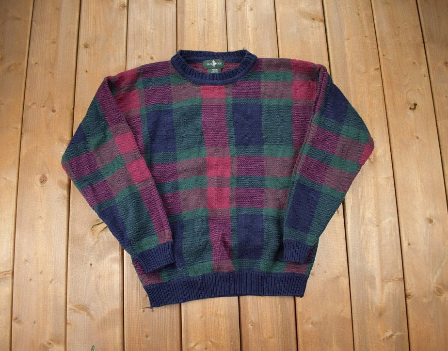 Vintage 1990s Hunt Club Cable Plaid Knit Crewneck Sweater / Vintage 90s Crewneck / Abstract Patterns / Streetwear