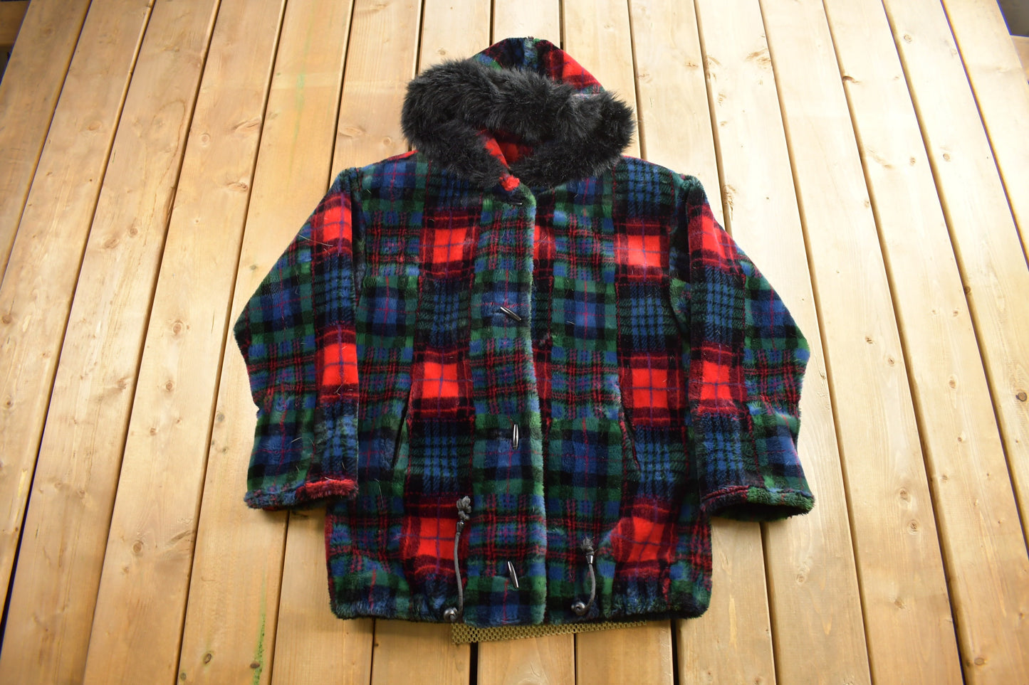 Vintage 1980s Donny Brook Plaid Jacket / Wool Jacket  / Overcoat / Winter Jacket / Plaid / Made In USA / Fur Collar