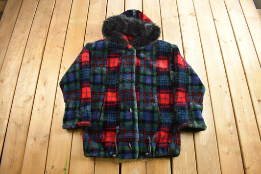 Vintage 1980s Donny Brook Plaid Jacket / Wool Jacket  / Overcoat / Winter Jacket / Plaid / Made In USA / Fur Collar