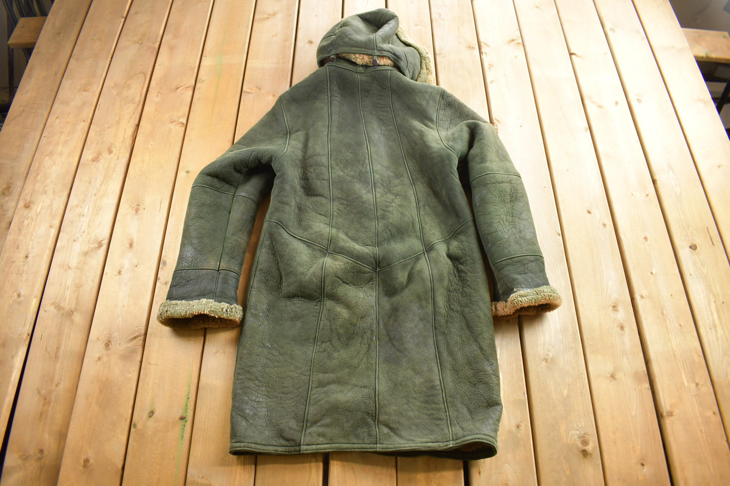 Vintage 1980s Green Shearling Leather Jacket / Full Length Jacket / Made in Turkey / Hooded Shearling /