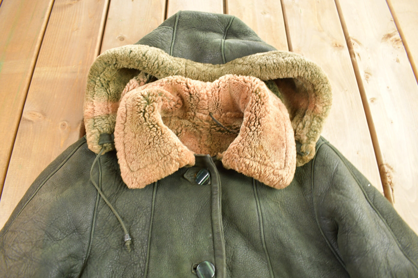 Vintage 1980s Green Shearling Leather Jacket / Full Length Jacket / Made in Turkey / Hooded Shearling /