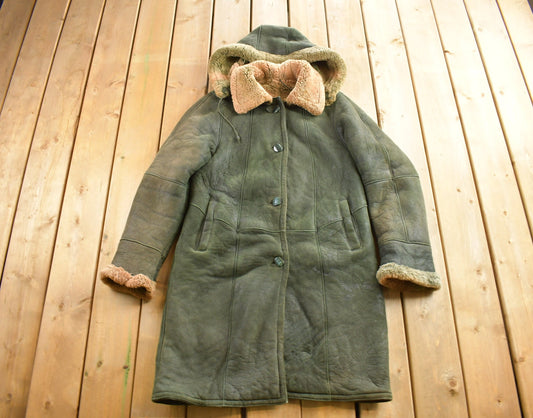 Vintage 1980s Green Shearling Leather Jacket / Full Length Jacket / Made in Turkey / Hooded Shearling /