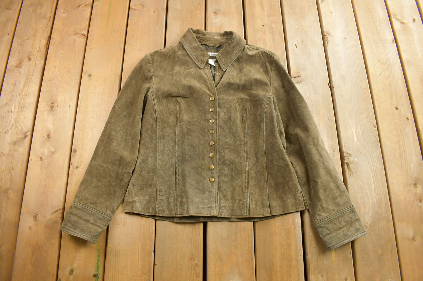 Vintage 1990s Cold Water Creek Green Suede Jacket / Leather Coat / Women's Suede Jacket / Size L