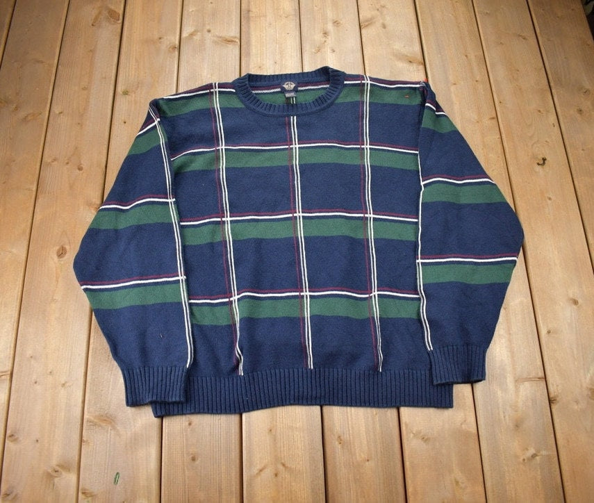 Vintage 1990s Dockers Knit Crewneck / 90s Crewneck / Made In USA / Streetwear / Embroidered / Dockers / Plaid Pattern