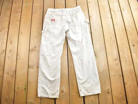 Vintage 1990s Dickie's White Paint Splatter Carpenter Pants Size 34x32 / Streetwear / Zip Up Work Pants / Distressed / Dickies Denim