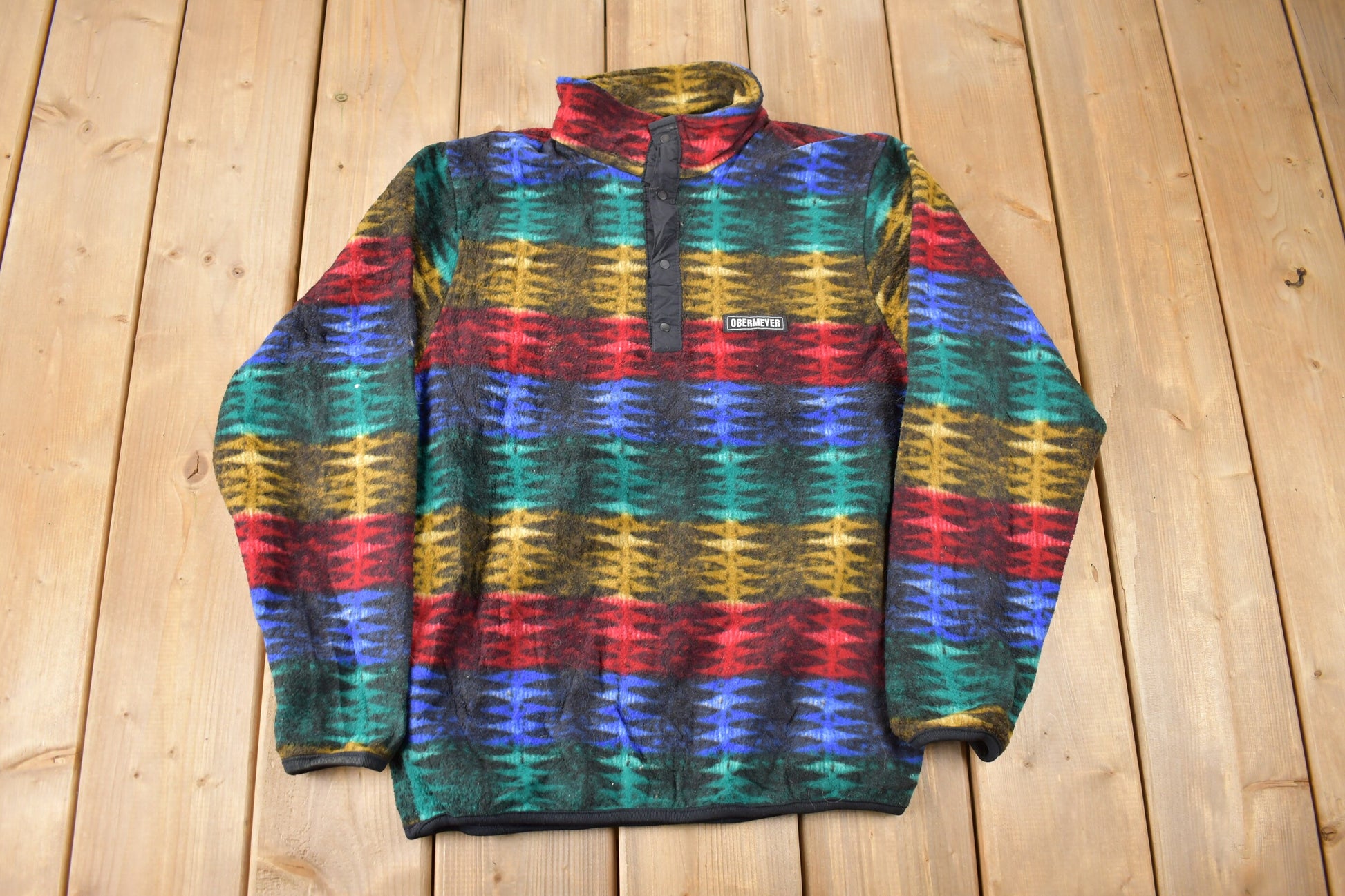 Vintage 1990s Obermeyer Multi Color T-Snap Fleece Sweater Made IN USA