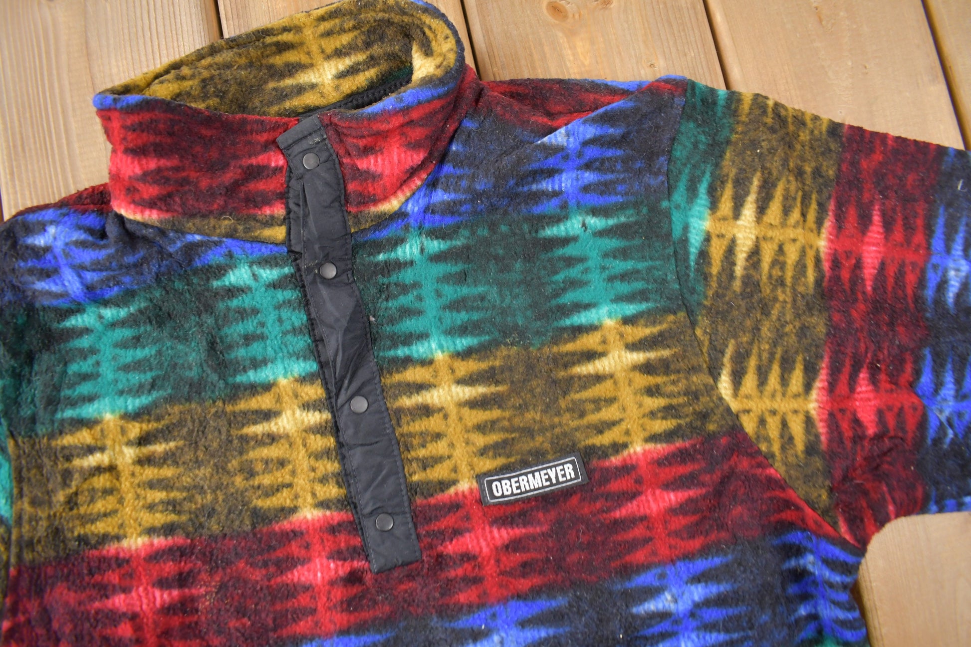 Vintage 1990s Obermeyer Multi Color T-Snap Fleece Sweater Made IN USA