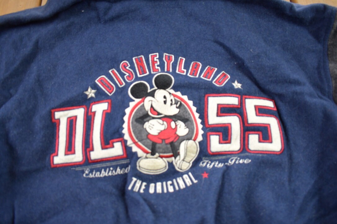 Vintage 1990s Disneyland Mickey Mouse Embroidered Letterman Hooded Jacket  / Vintage Disney / Mickey Mouse / Vintage Cartoons