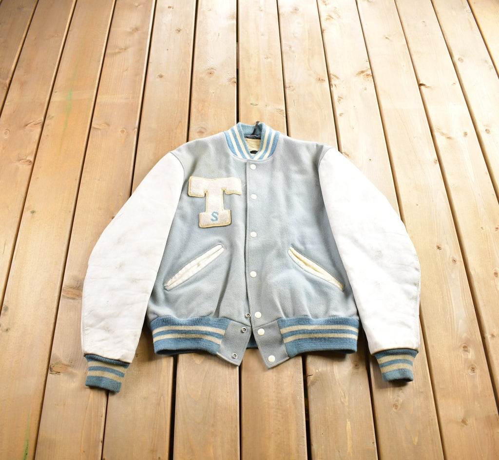 Vintage 1950s Thronridge Highschool Leather & Wool Embroidered Varsity Jacket Made In USA