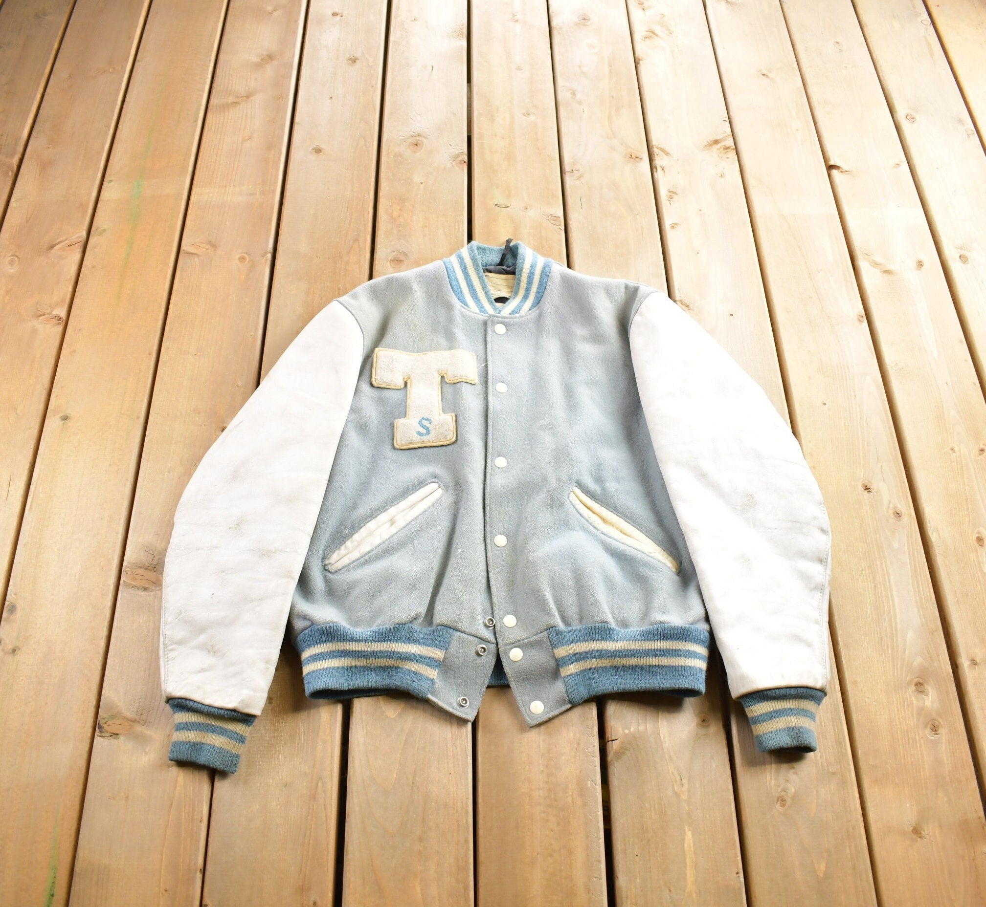 Vintage 1950s Thronridge Highschool Leather & Wool Embroidered Varsity Jacket Made In USA