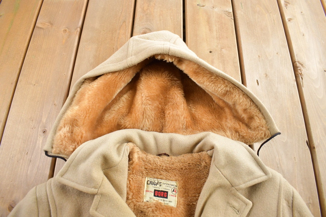 Vintage 1970s Craft Sportswear 100% Wool Toggle Button Up Fur Lined Jacket Made In Canada