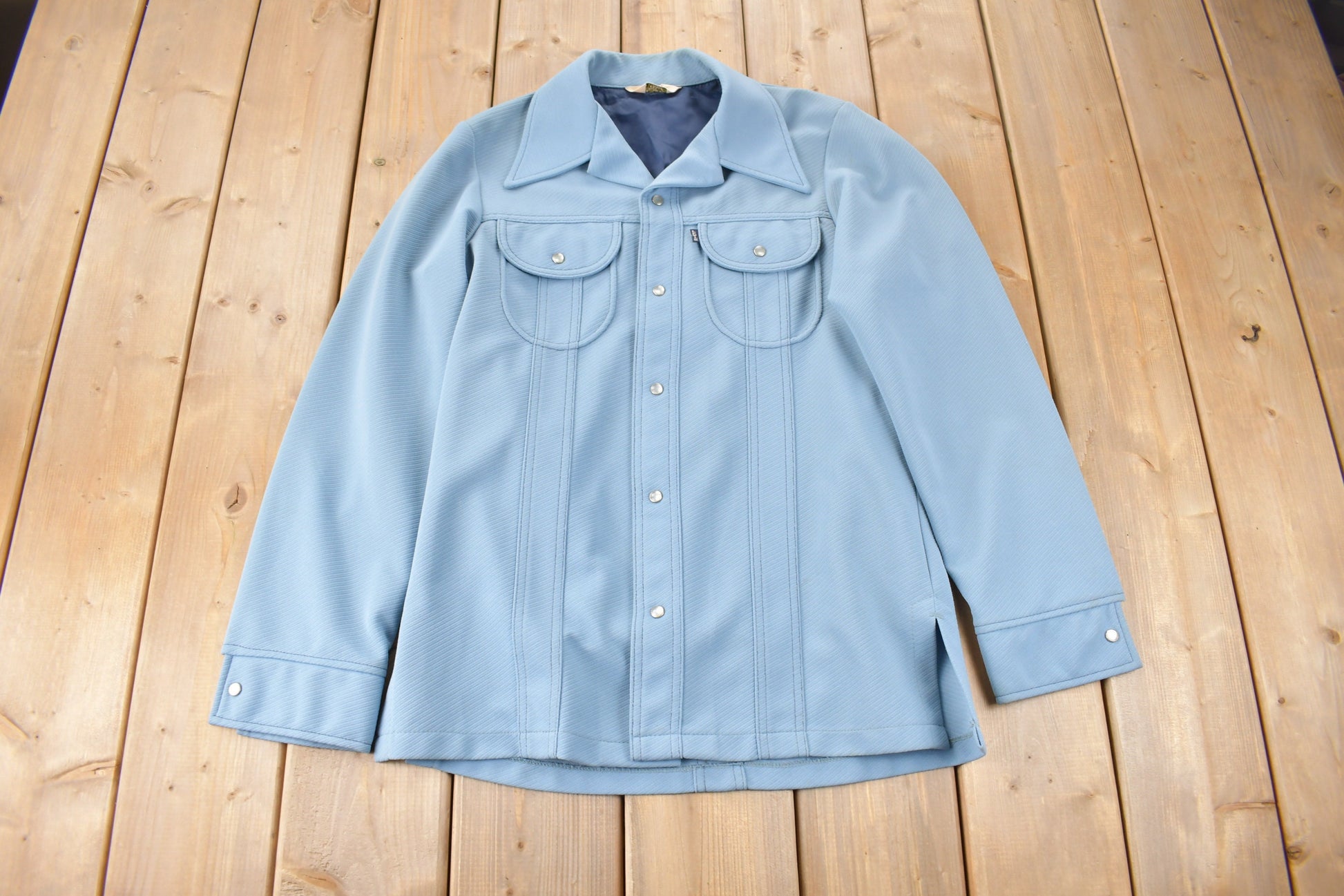 Vintage 1970s Levi's Blue Tab Big E Western Style Pearl Snap Button Up Shirt Made in USA Size M