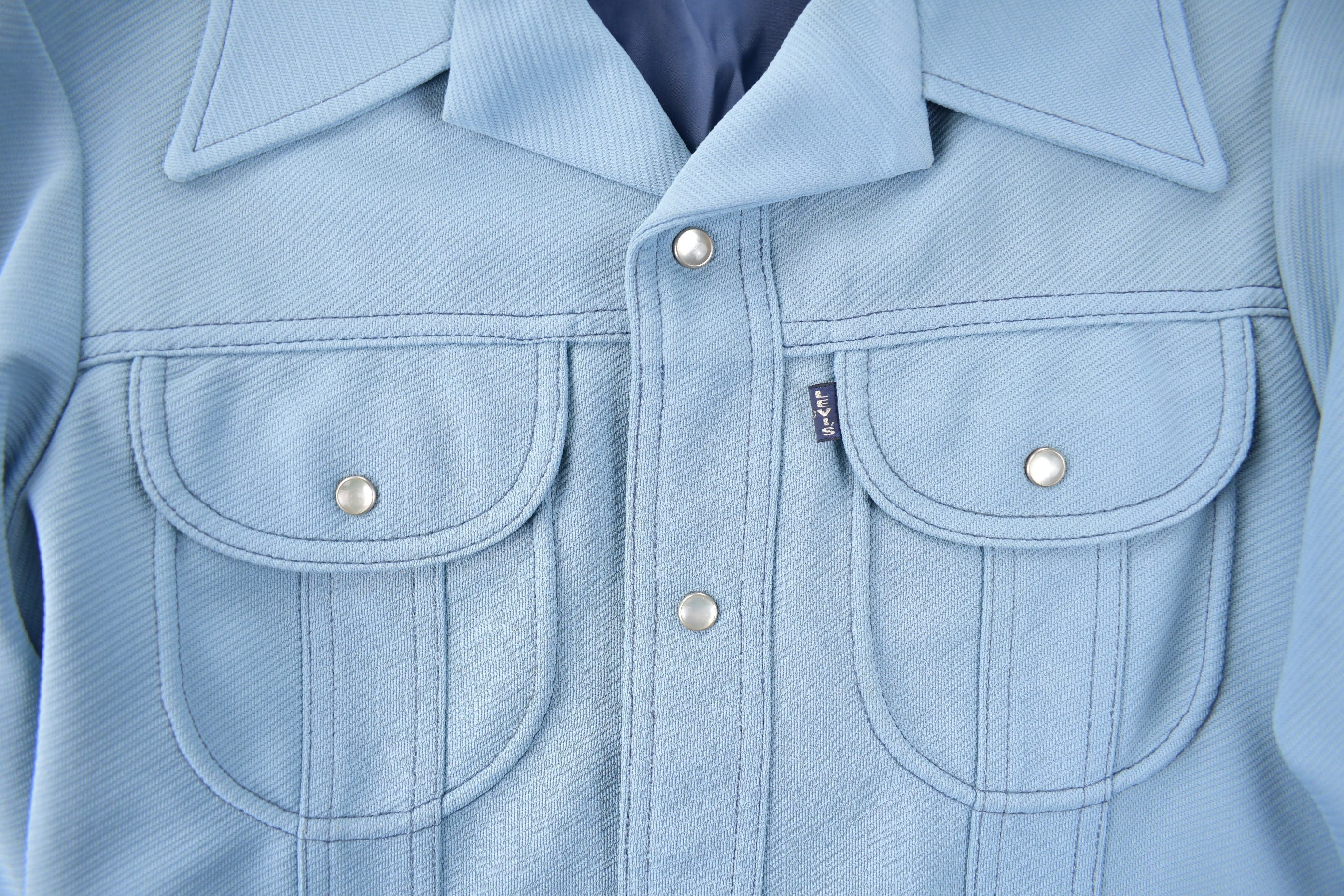 Vintage 1970s Levi's Blue Tab Big E Western Style Pearl Snap Button Up Shirt Made in USA Size M