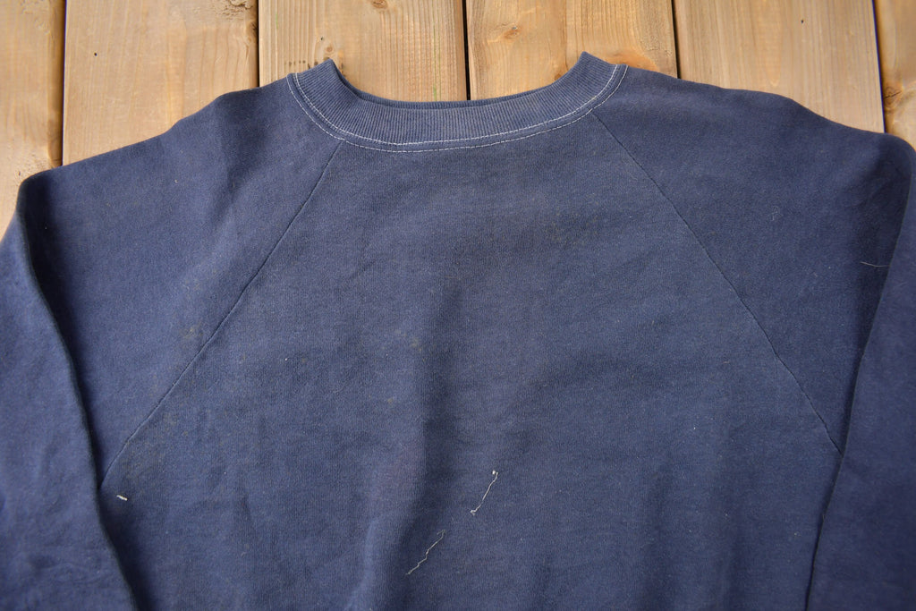 Vintage 1970s Blank Navy Blue Raglan Crewneck Sweatshirt Made In USA Size Small