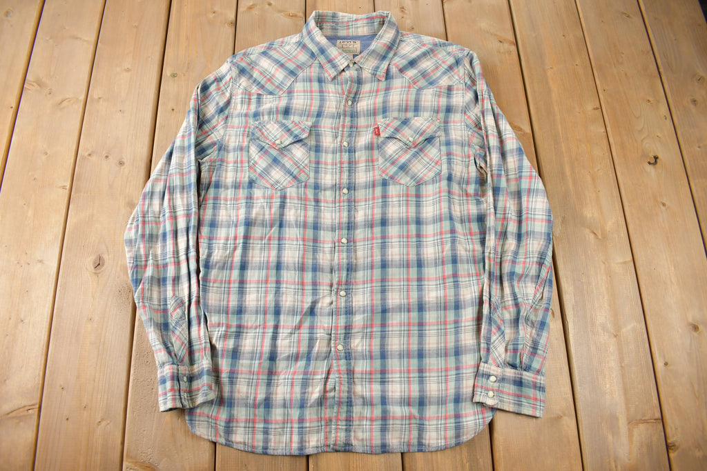 Vintage 1990s Levi's Western Wear Pearl Snap Plaid Long Sleeve Button Up Shirt Size M