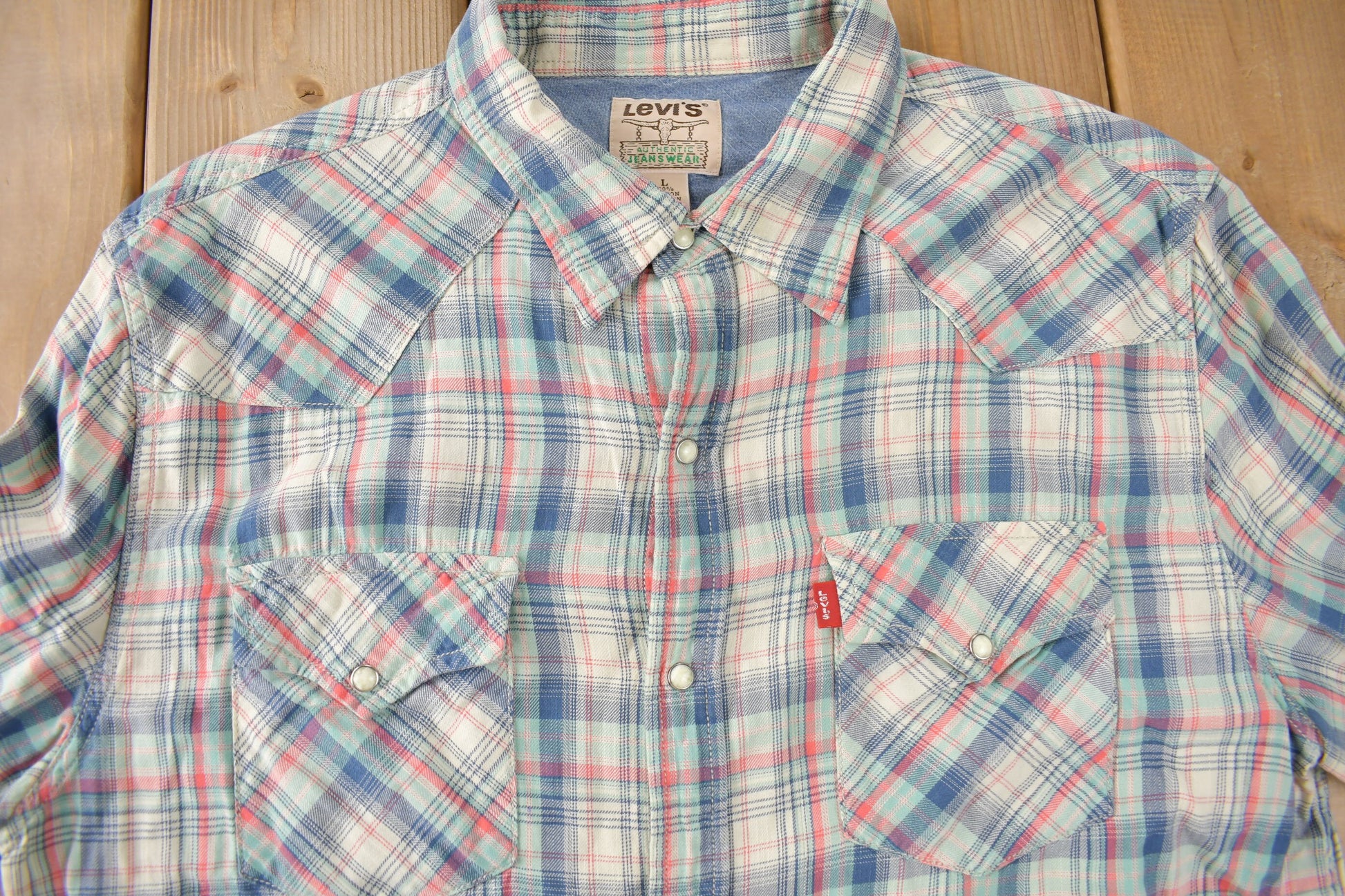 Vintage 1990s Levi's Western Wear Pearl Snap Plaid Long Sleeve Button Up Shirt Size M