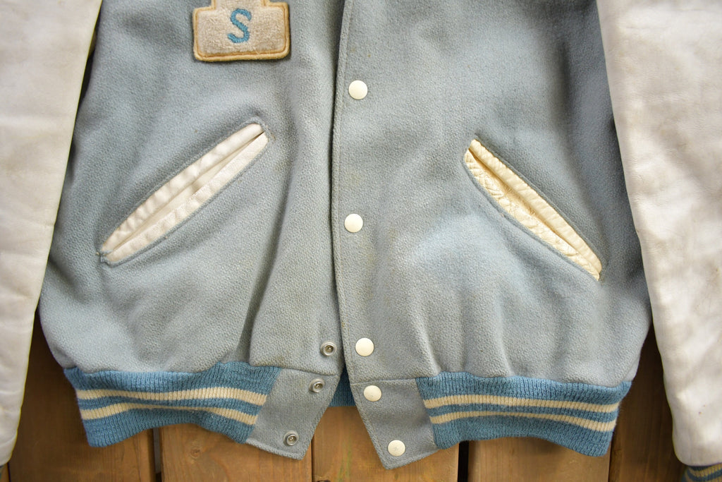 Vintage 1950s Thronridge Highschool Leather & Wool Embroidered Varsity Jacket Made In USA