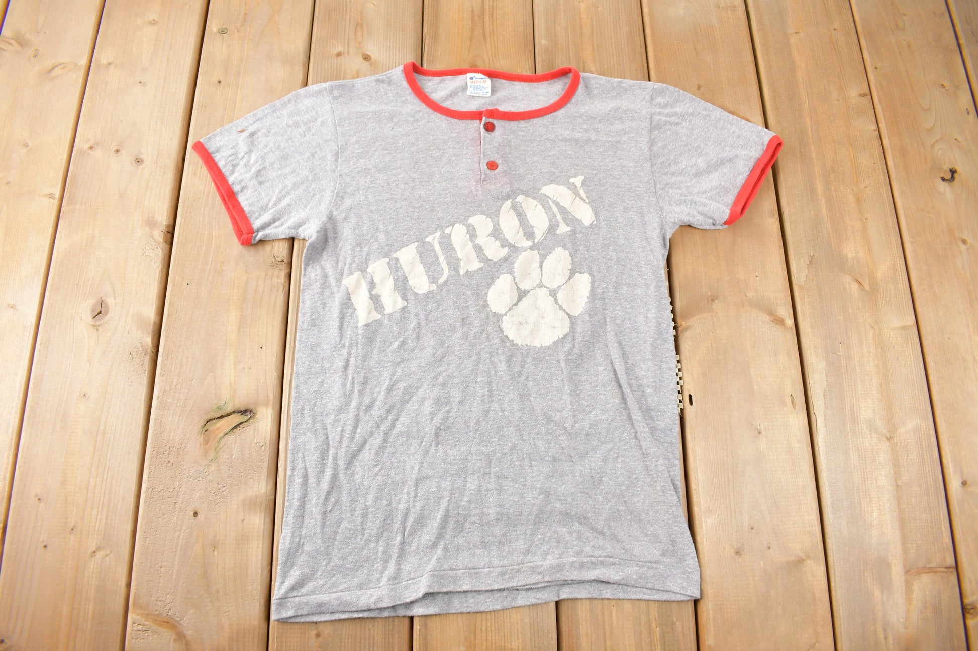 Vintage 1980s Huron Champion Henley Ringer T-Shirt Made In USA