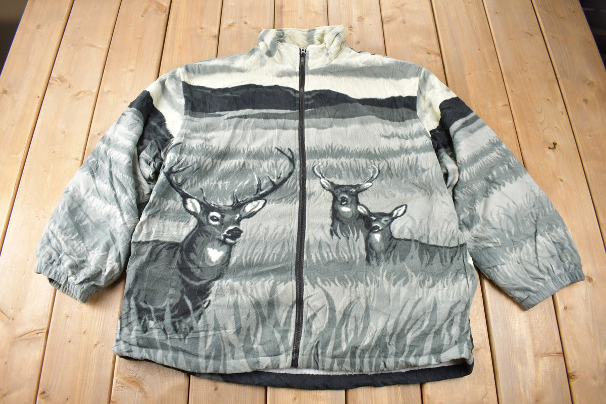 Vintage 1990s CW Classics Deer Graphic All Over Print Zip Up Fleece Sweater Size XL