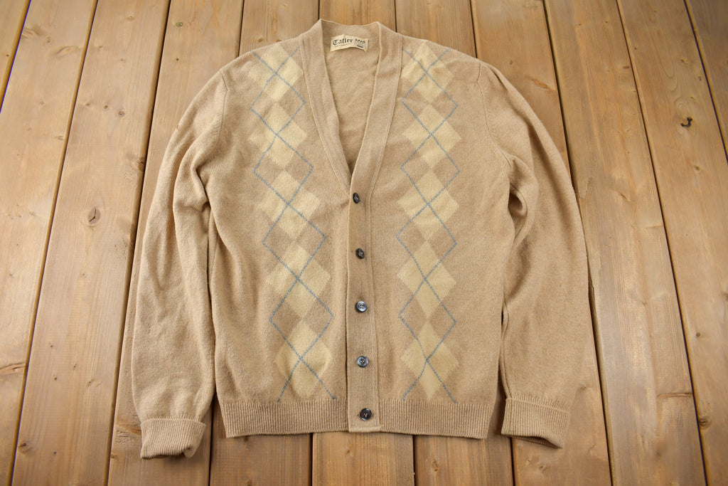 Vintage 1970s Catler Argyle Knit Cardigan Sweater Made In Great Britain Size Small