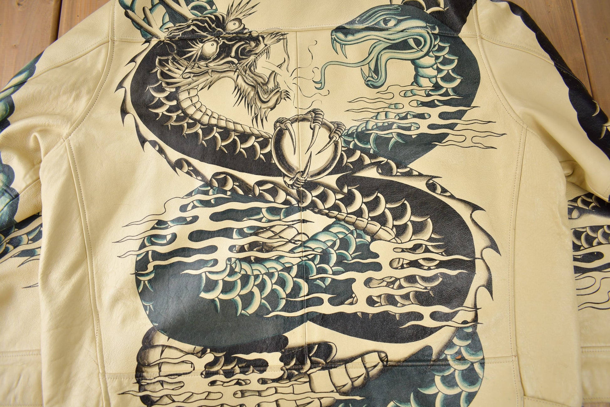 Vintage 1990s Avirex USA Japanese Dragons Graphic Leather Jacket Size 3XL