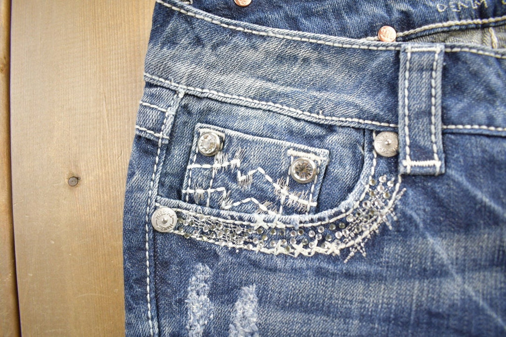 Vintage Y2K Miss Me Bedazzled Thrashed Low Rise Boot Cut Jeans Size 26x33