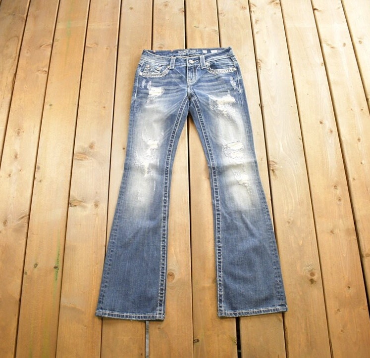 Vintage Y2K Miss Me Bedazzled Thrashed Low Rise Boot Cut Jeans Size 26x33