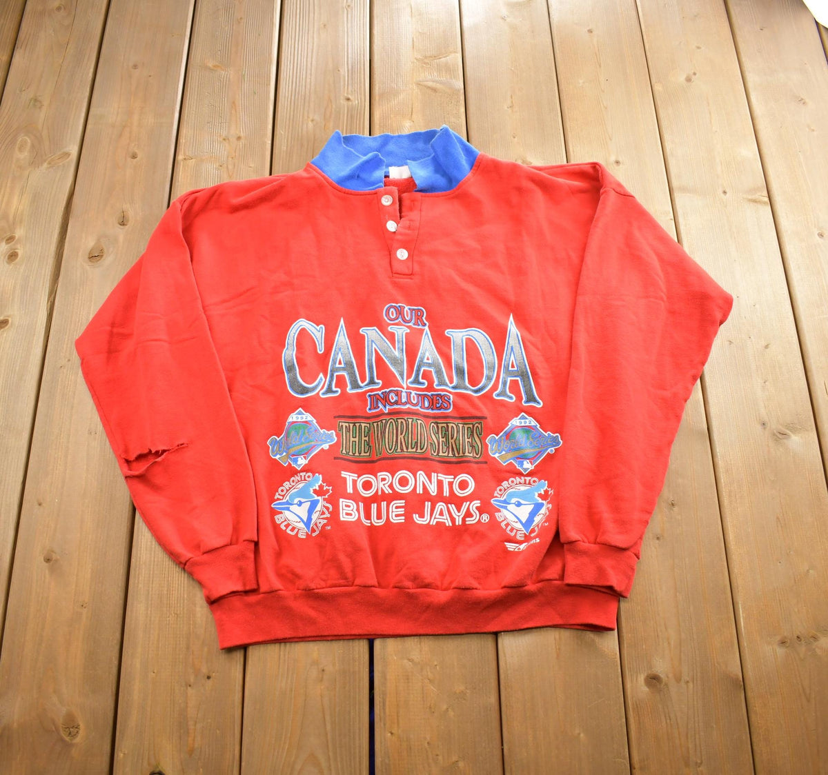 Vintage 1990s Toronto Blue Jays MLB Baseball Collared Sweatshirt Made In Canada