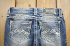 Vintage Y2K Miss Me Bedazzled Thrashed Low Rise Boot Cut Jeans Size 26x33