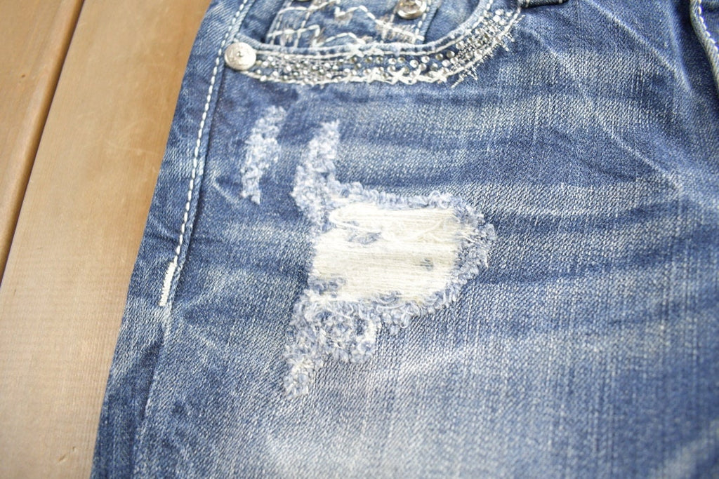 Vintage Y2K Miss Me Bedazzled Thrashed Low Rise Boot Cut Jeans Size 26x33