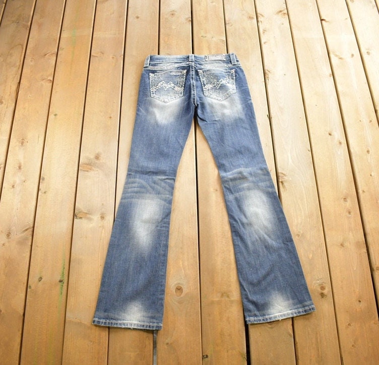Vintage Y2K Miss Me Bedazzled Thrashed Low Rise Boot Cut Jeans Size 26x33
