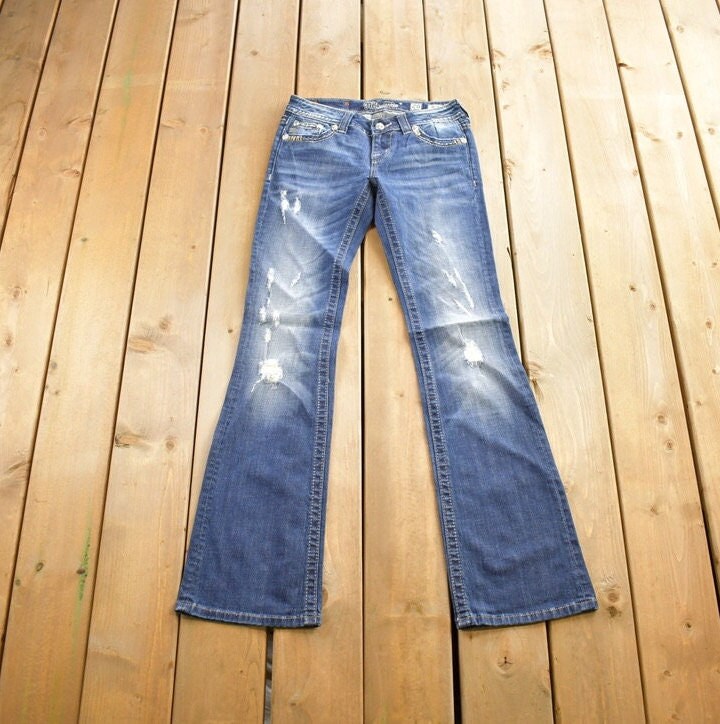 Vintage Y2K Miss Me Thrashed Bedazzled Cowgirl Western Boot Cut Low Rise Jeans Size 26x33