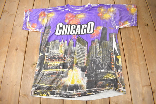 Vintage 1990s Chicago Firework Theme All Over Print Souvenir Travel T Shirt Made In USA