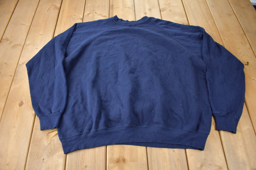 Vintage 1980s Navy Blue Blank Raglan Crewneck Sweatshirt Made In USA