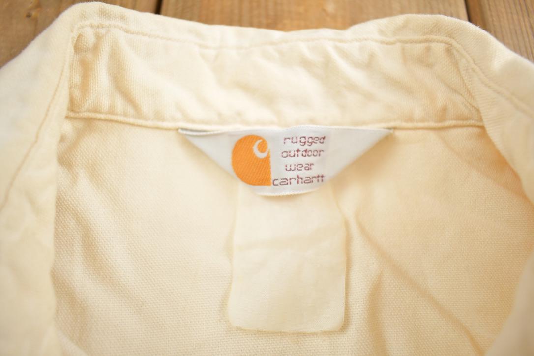 Vintage 1980s Carhartt Rugged Outdoor Wear White Blank Button Up Shirt Made In USA