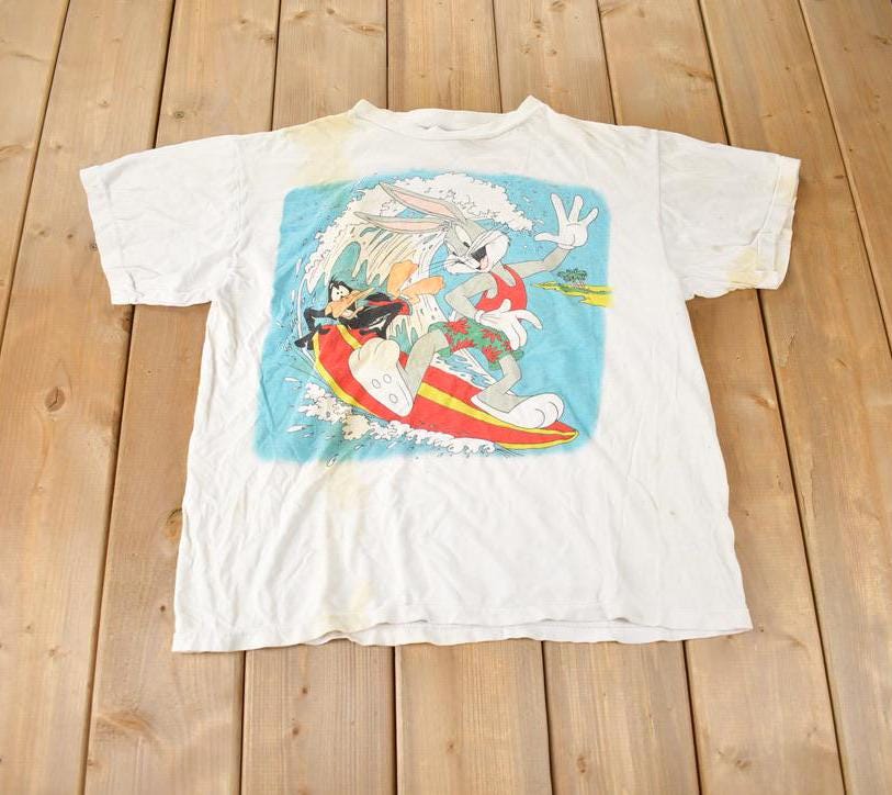 Vintage 1990s Looney Tunes Character Print Surfing Distressed Single Stitch T-Shirt