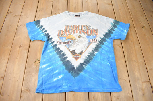 Vintage 1991 Rocky's Harley Davidson London Ontario Tie Dye Eagle Graphic Single Stitch T-Shirt Made In USA