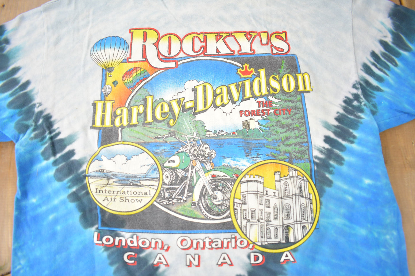 Vintage 1991 Rocky's Harley Davidson London Ontario Tie Dye Eagle Graphic Single Stitch T-Shirt Made In USA