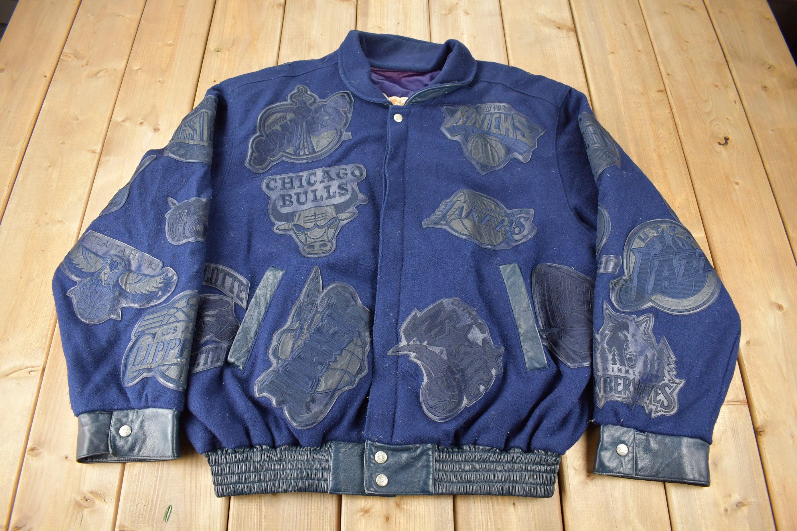 Vintage 1990s Jeff Hamilton NBA Basketball Team Logo Leather Patchwork Wool Jacket