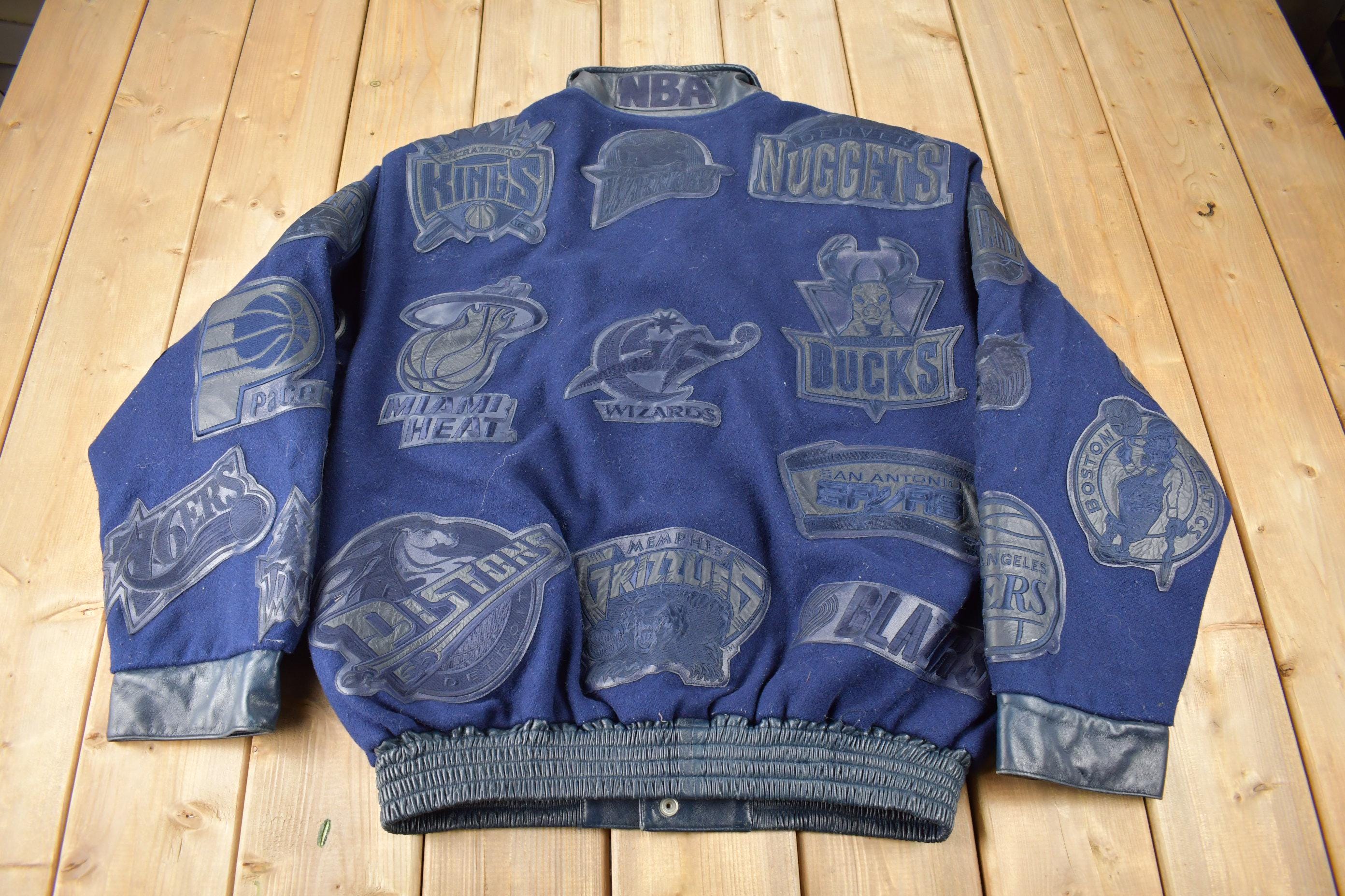 Vintage 1990s Jeff Hamilton NBA Basketball Team Logo Leather Patchwork Wool Jacket