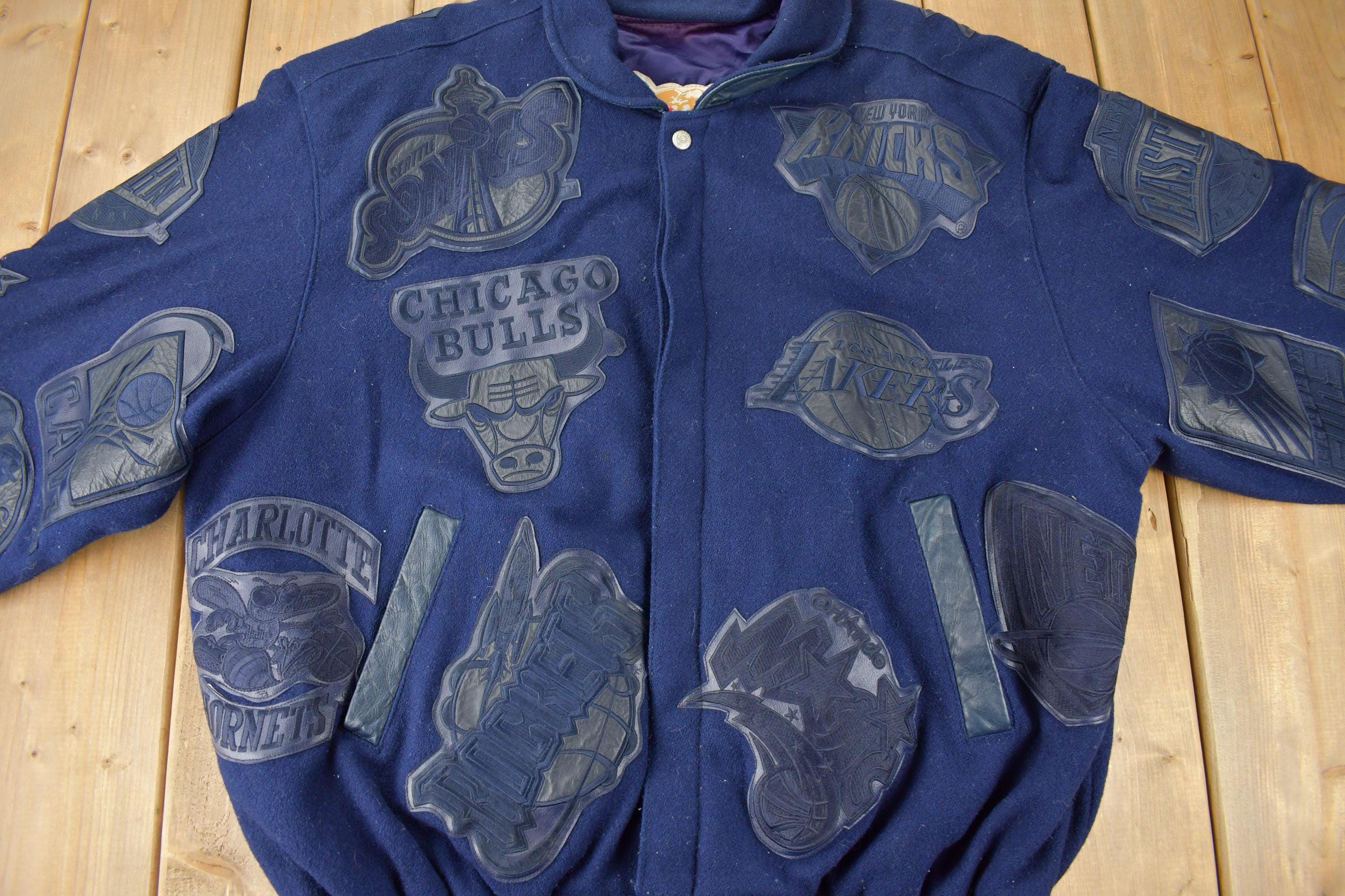 Vintage 1990s Jeff Hamilton NBA Basketball Team Logo Leather Patchwork Wool Jacket