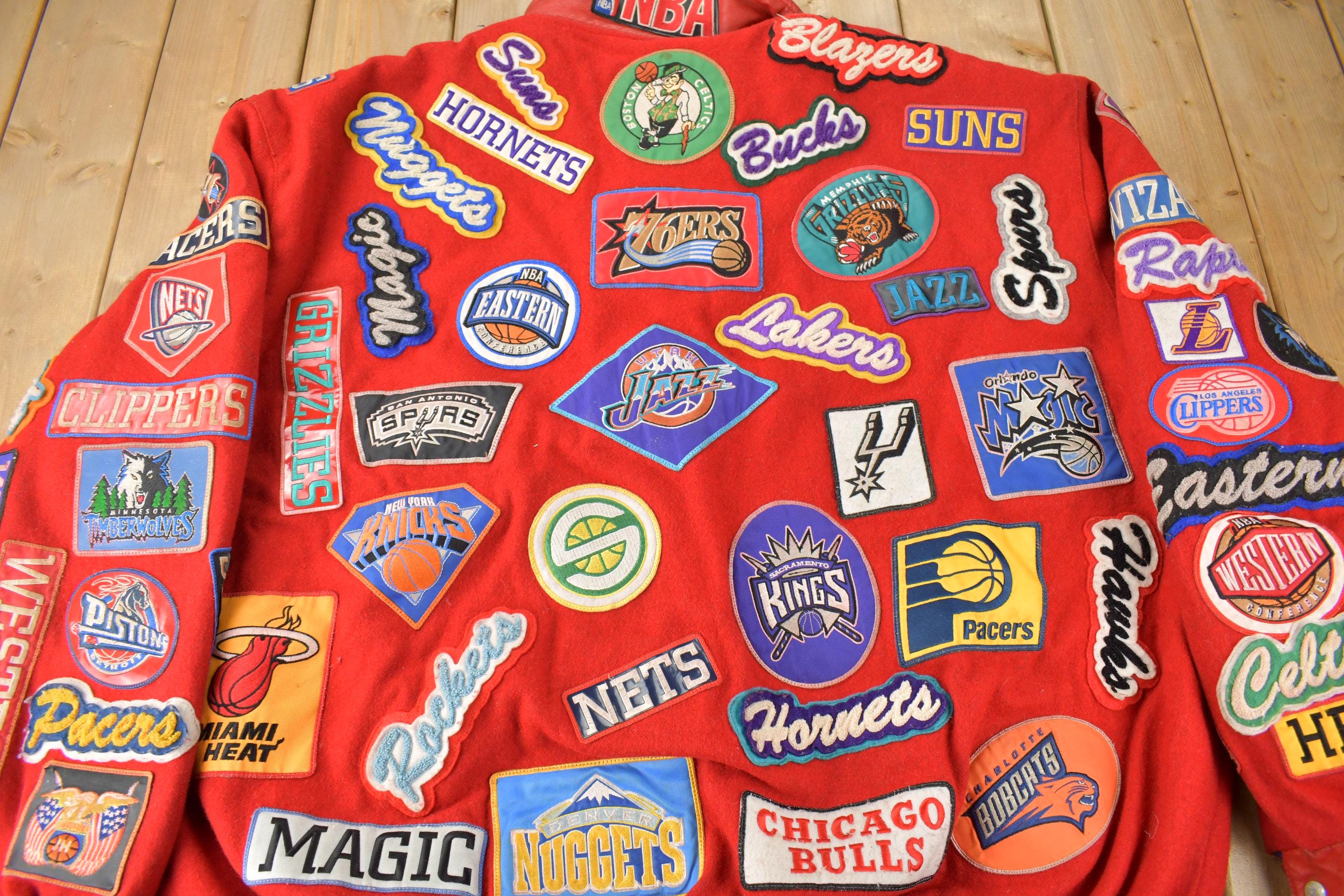 Vintage 1990s Jeff Hamilton NBA Basketball Team Logo Patchwork Wool Jacket