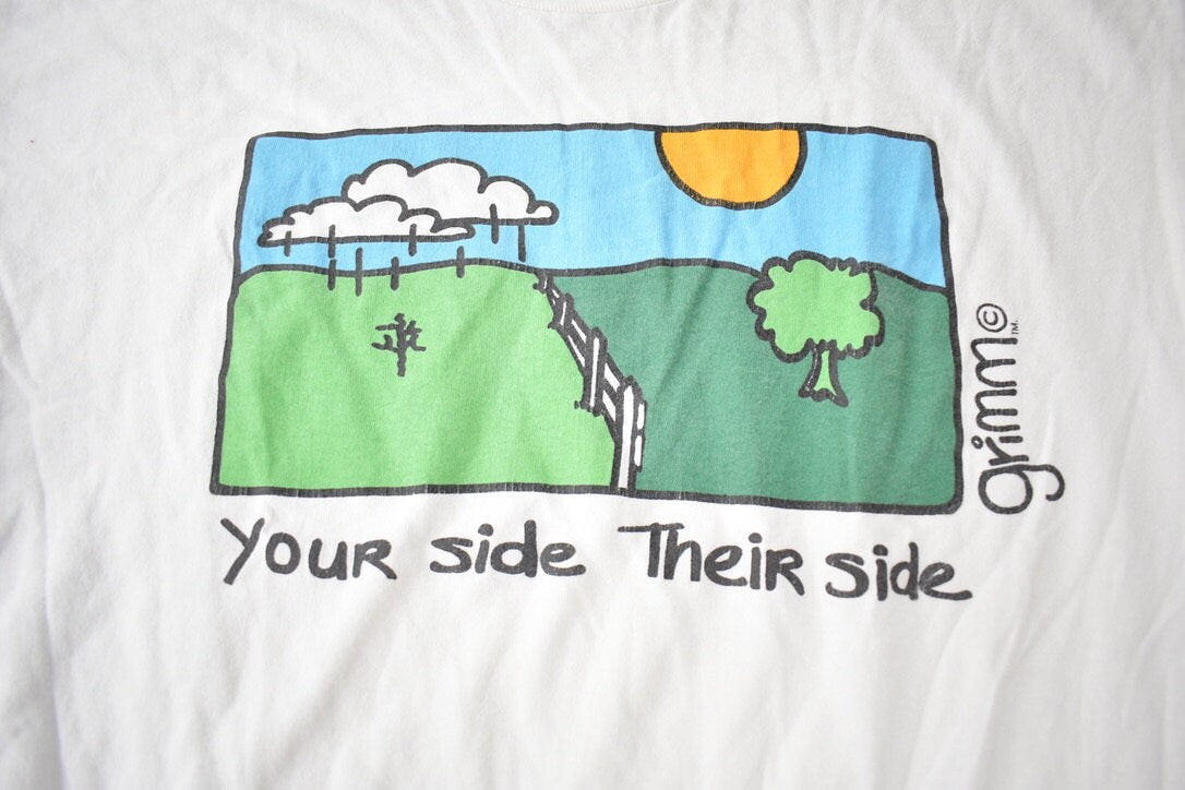 Vintage 1990s Your Side Their Side Green Grass Single Stitch Graphic T Shirt Made In Canada