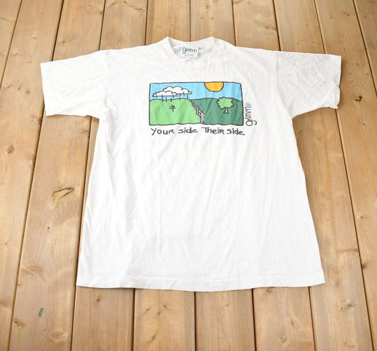 Vintage 1990s Your Side Their Side Green Grass Single Stitch Graphic T Shirt Made In Canada