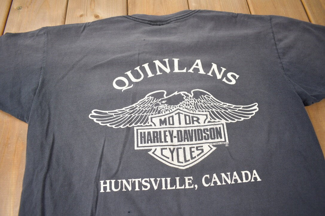 Vintage 1993 Quinlan's Harley Davidson Huntsville Canada Single Stitch Graphic T-Shirt Made In USA