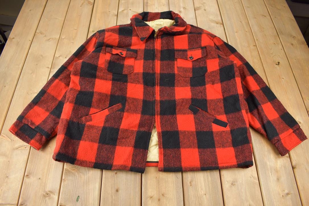 Vintage 1950s Melton Outer-Wear Buffalo Plaid Wool Hunting Jacket