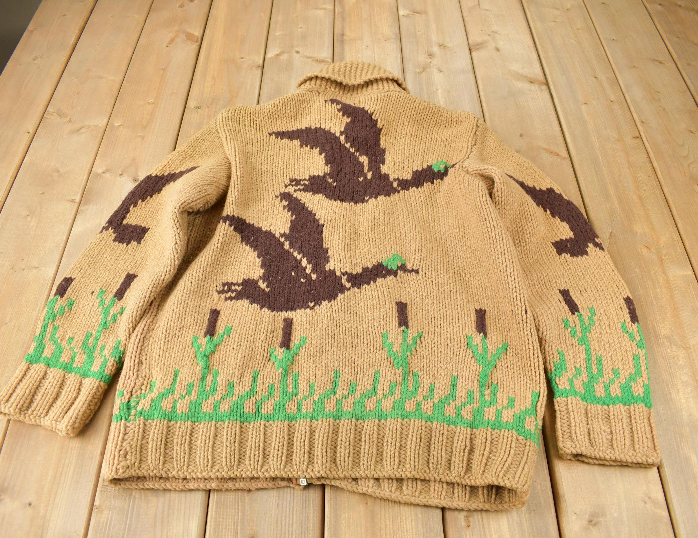 Vintage 1940s Hand-Knit Duck Hunting Cowichan Sweater
