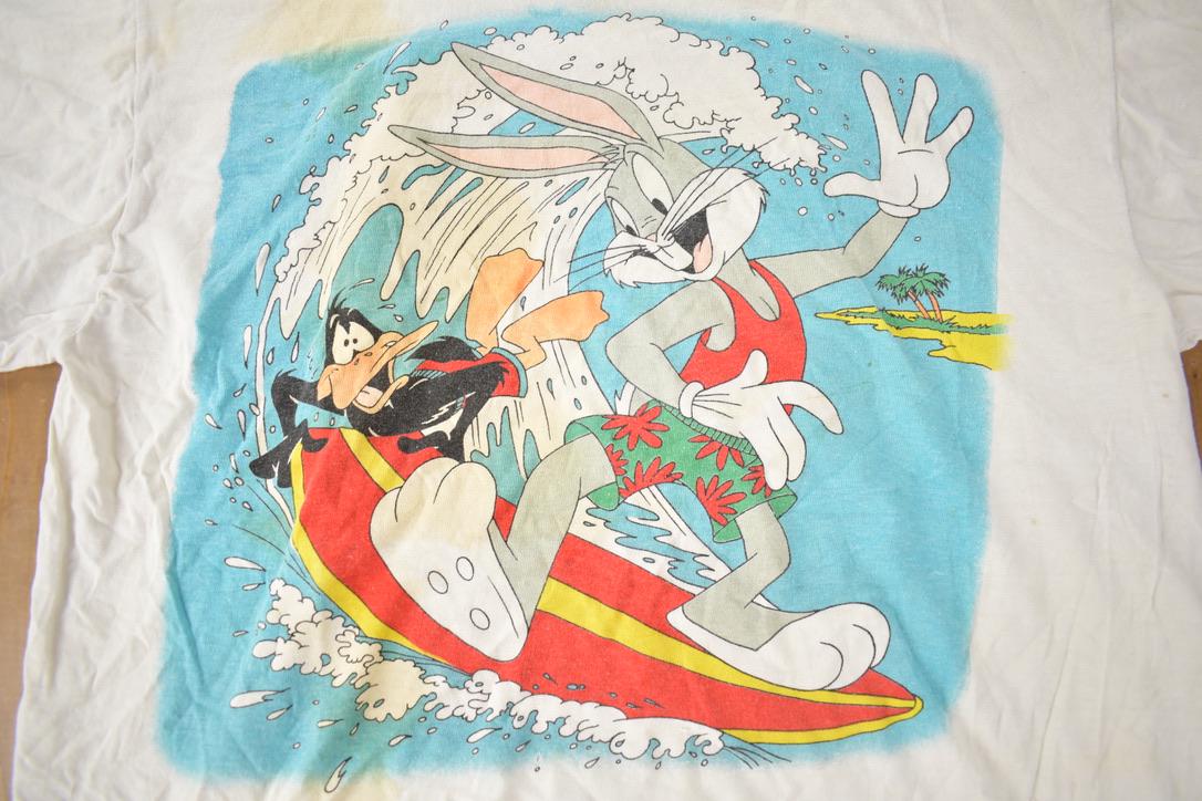 Vintage 1990s Looney Tunes Character Print Surfing Distressed Single Stitch T-Shirt