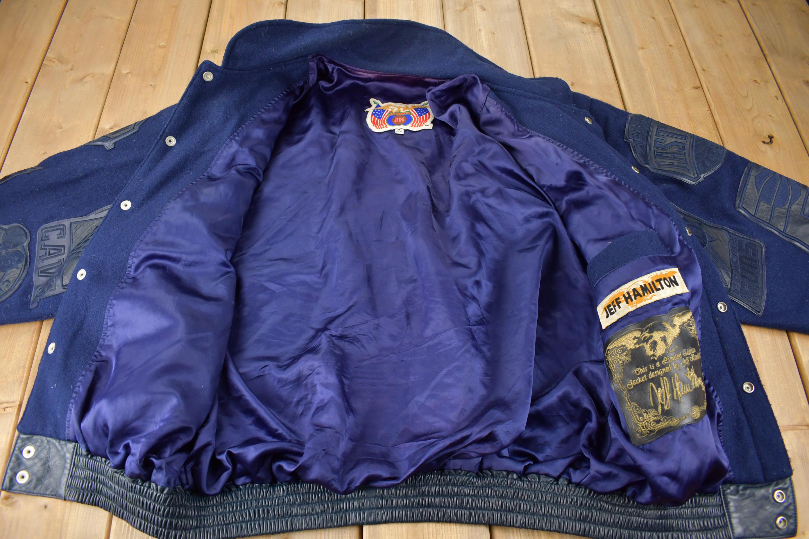 Vintage 1990s Jeff Hamilton NBA Basketball Team Logo Leather Patchwork Wool Jacket