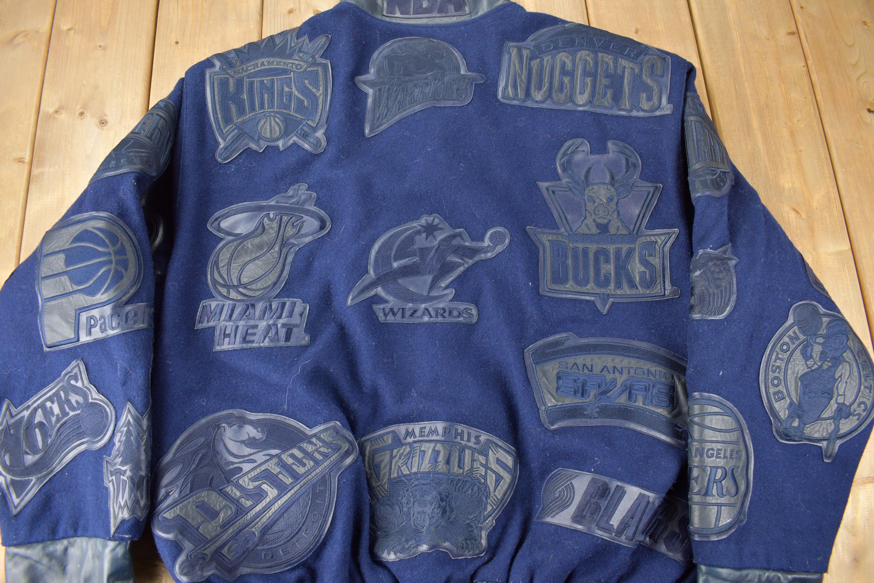 Vintage 1990s Jeff Hamilton NBA Basketball Team Logo Leather Patchwork Wool Jacket